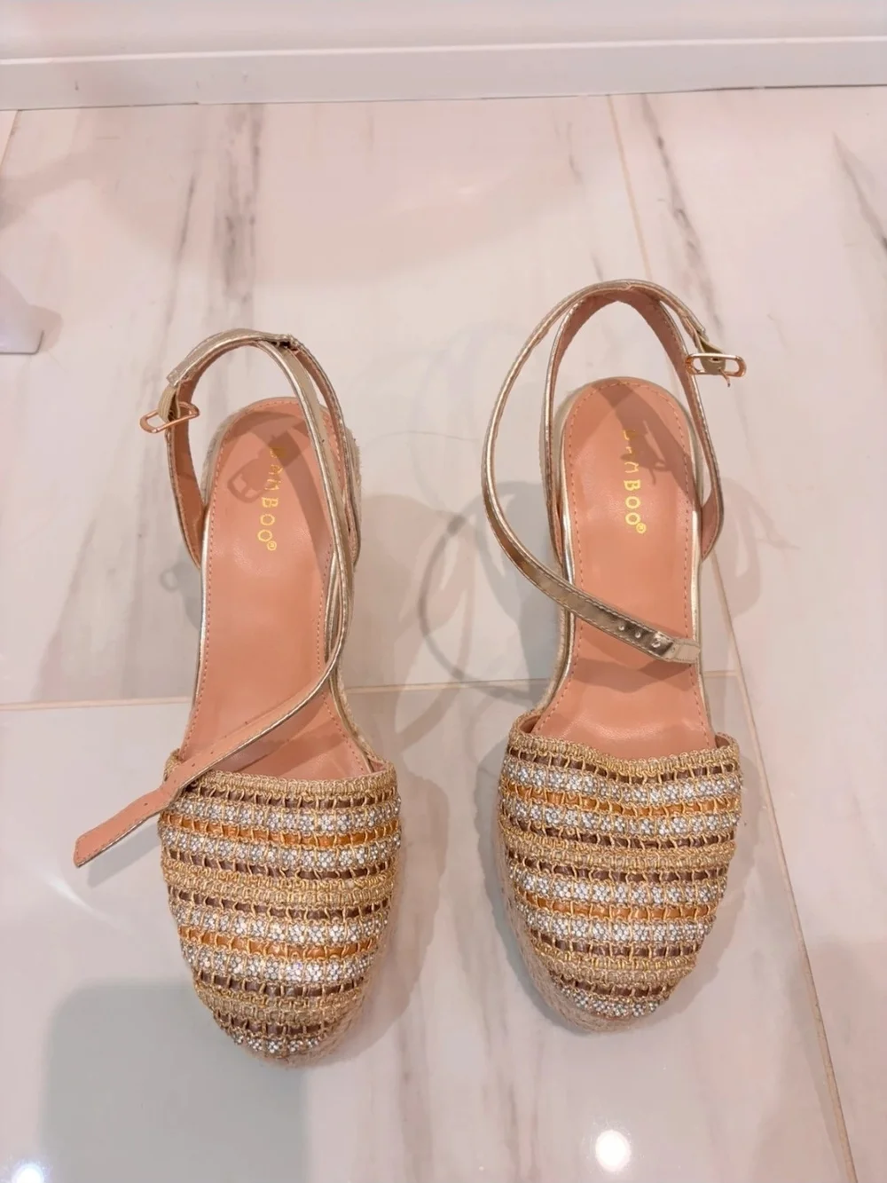 Women's Gold Espadrille Wedge Sandals with Ankle Strap